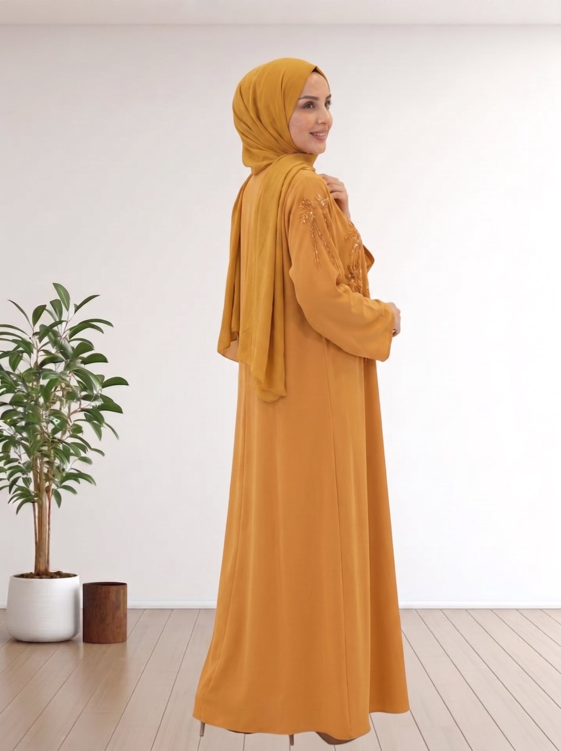 Premium Mustard Yellow Nida Abaya with Handmade 100% KOREA