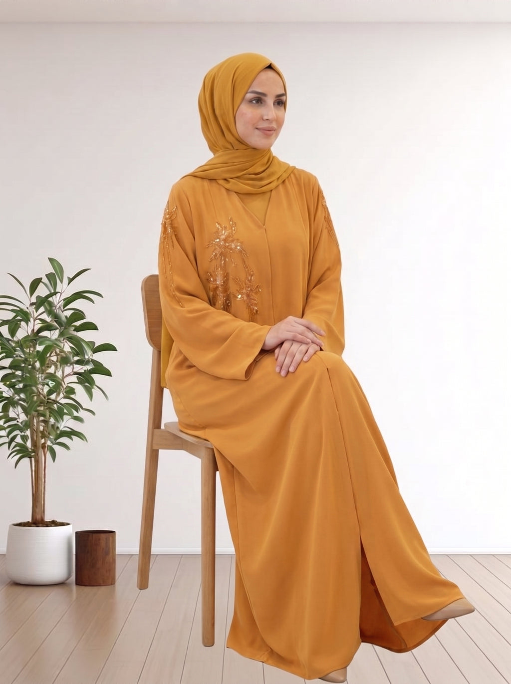 Premium Mustard Yellow Nida Abaya with Handmade 100% KOREA