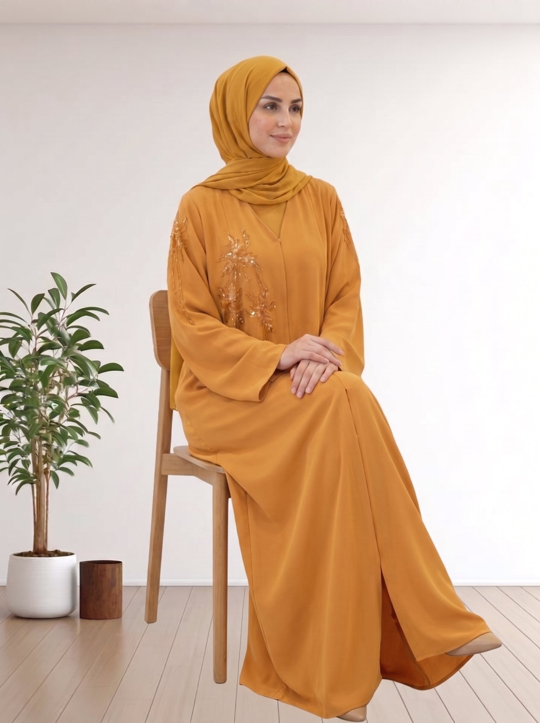 Premium Mustard Yellow Nida Abaya with Handmade 100% KOREA