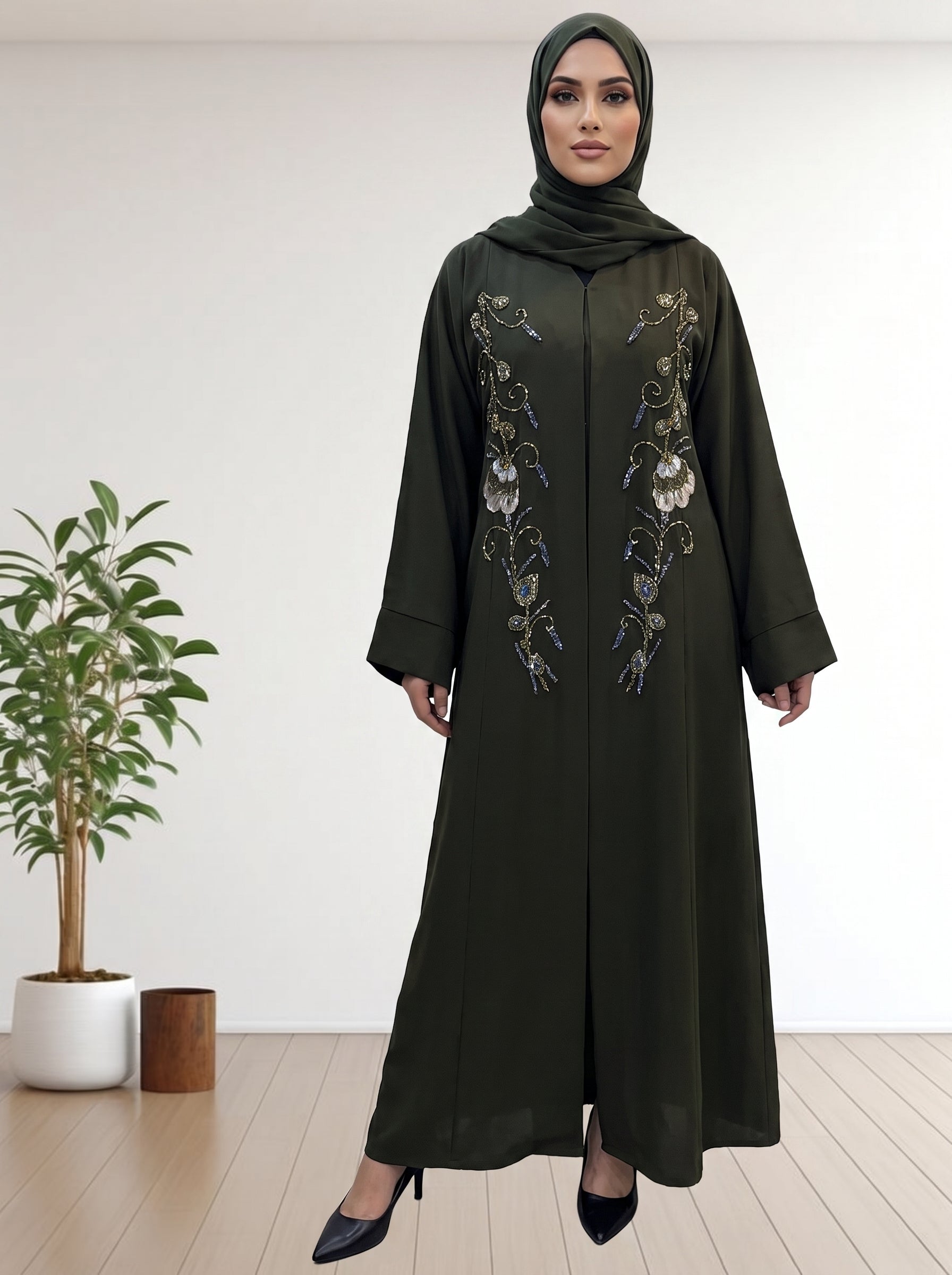 Premium Nida Febric Olive Abaya Floral Bidework with Matching Hijab