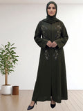 Premium Nida Febric Olive Abaya Floral Bidework with Matching Hijab