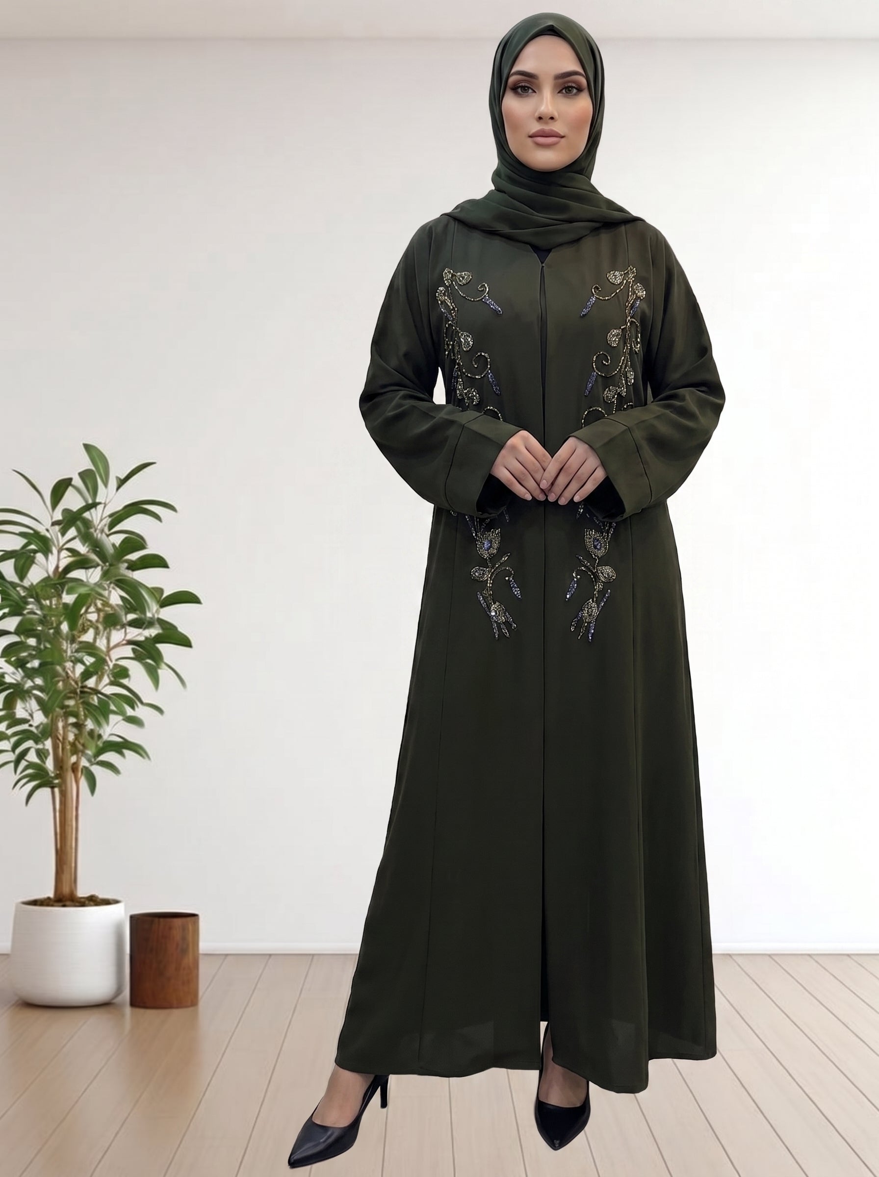 Premium Nida Febric Olive Abaya Floral Bidework with Matching Hijab