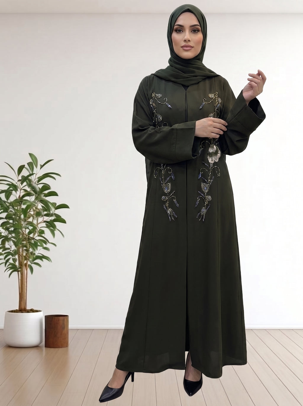 Premium Nida Febric Olive Abaya Floral Bidework with Matching Hijab
