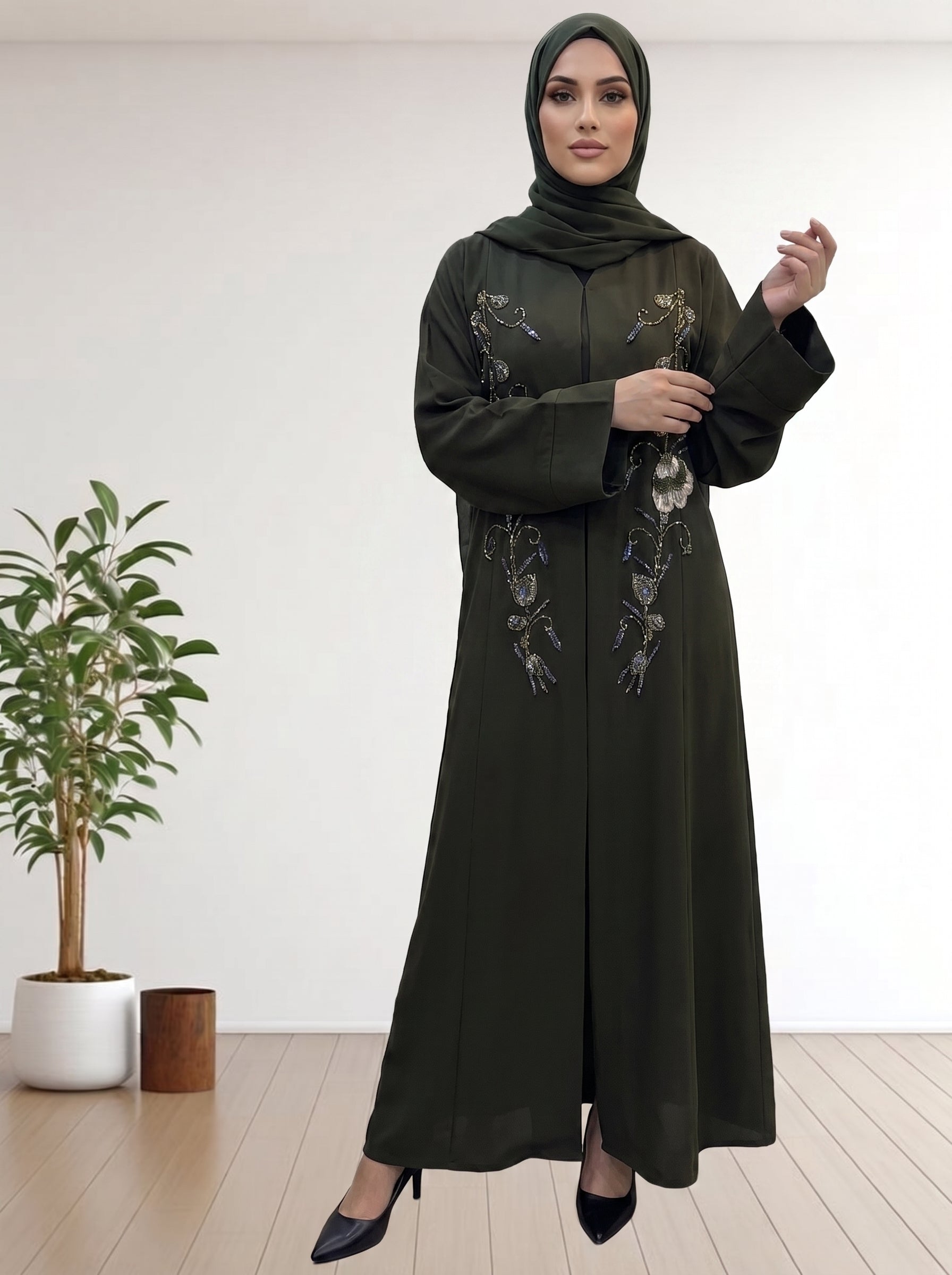 Premium Nida Febric Olive Abaya Floral Bidework with Matching Hijab
