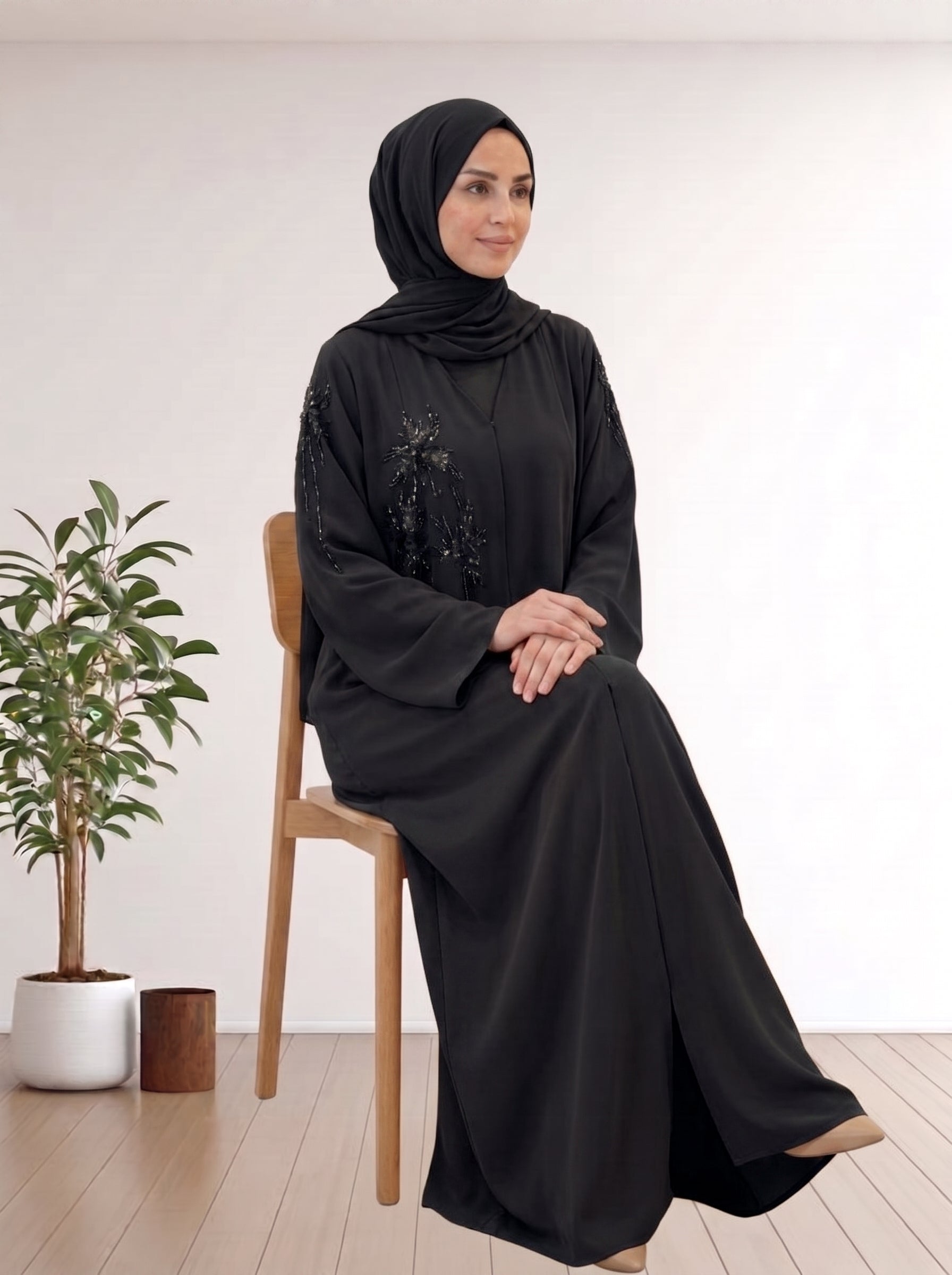 Luxury Black Abaya - 100% Korean Nida with Handcrafted Details