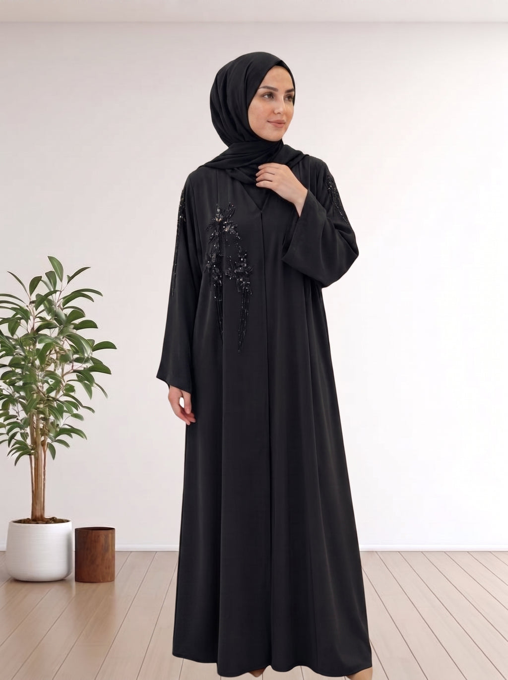 Luxury Black Abaya - 100% Korean Nida with Handcrafted Details