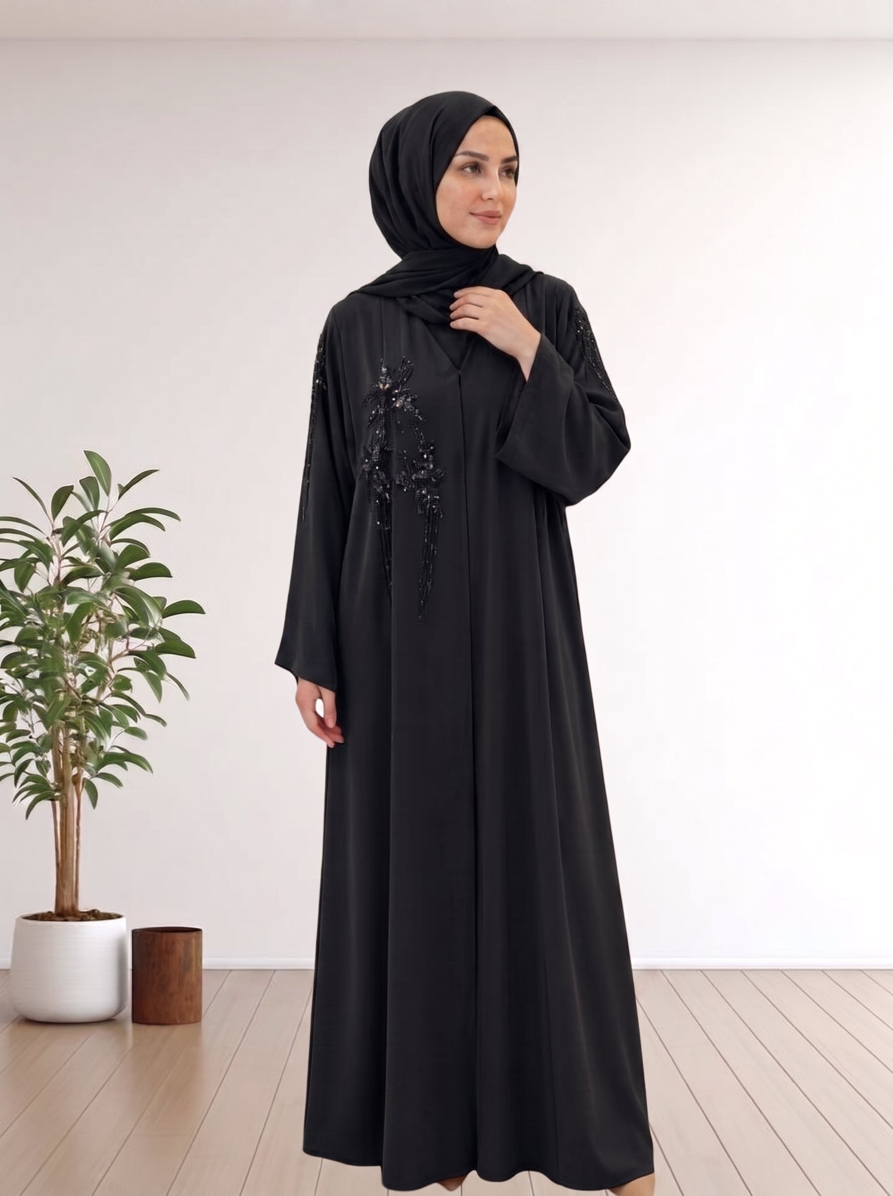 Luxury Black Abaya - 100% Korean Nida with Handcrafted Details