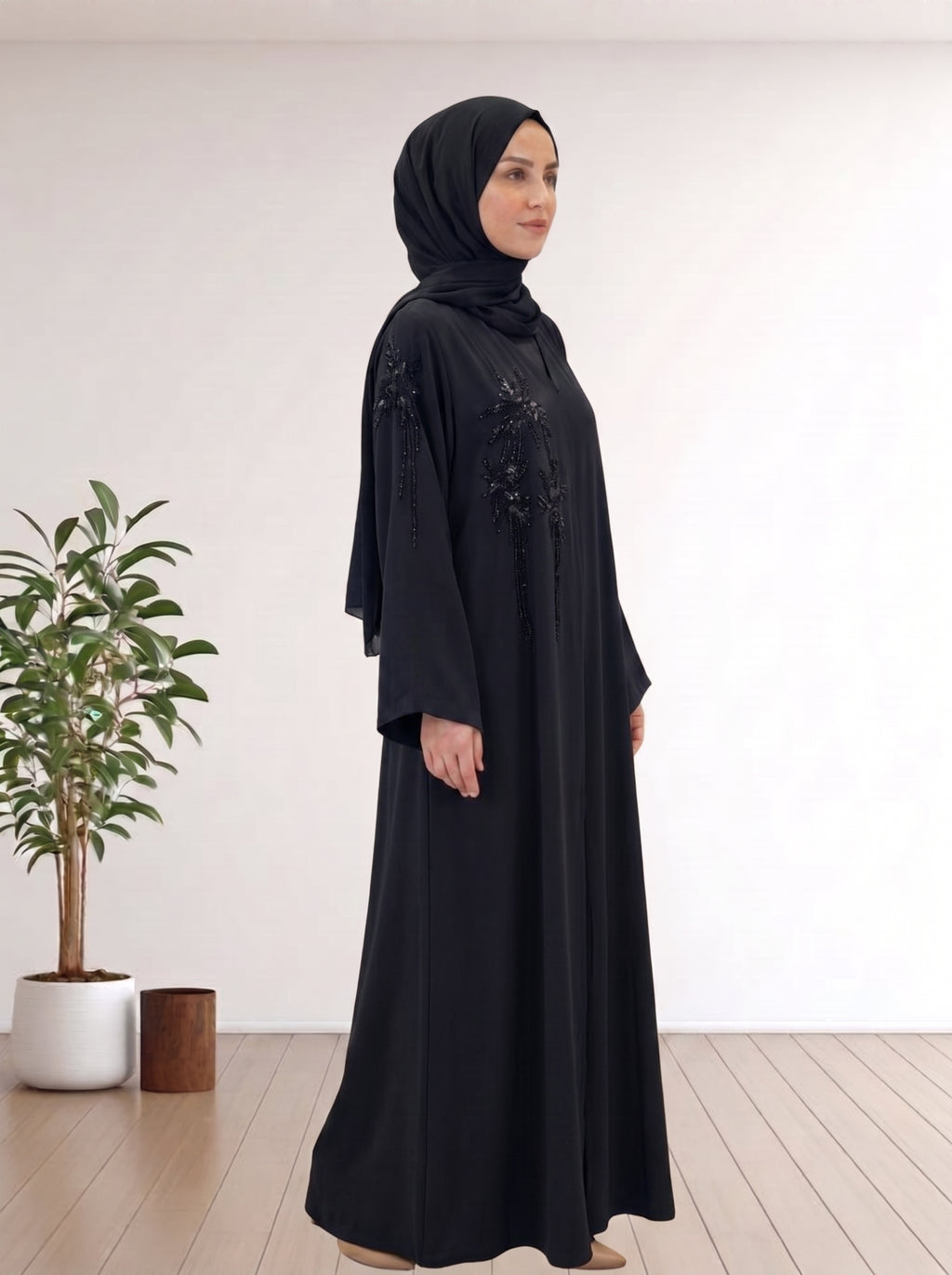 Luxury Black Abaya - 100% Korean Nida with Handcrafted Details