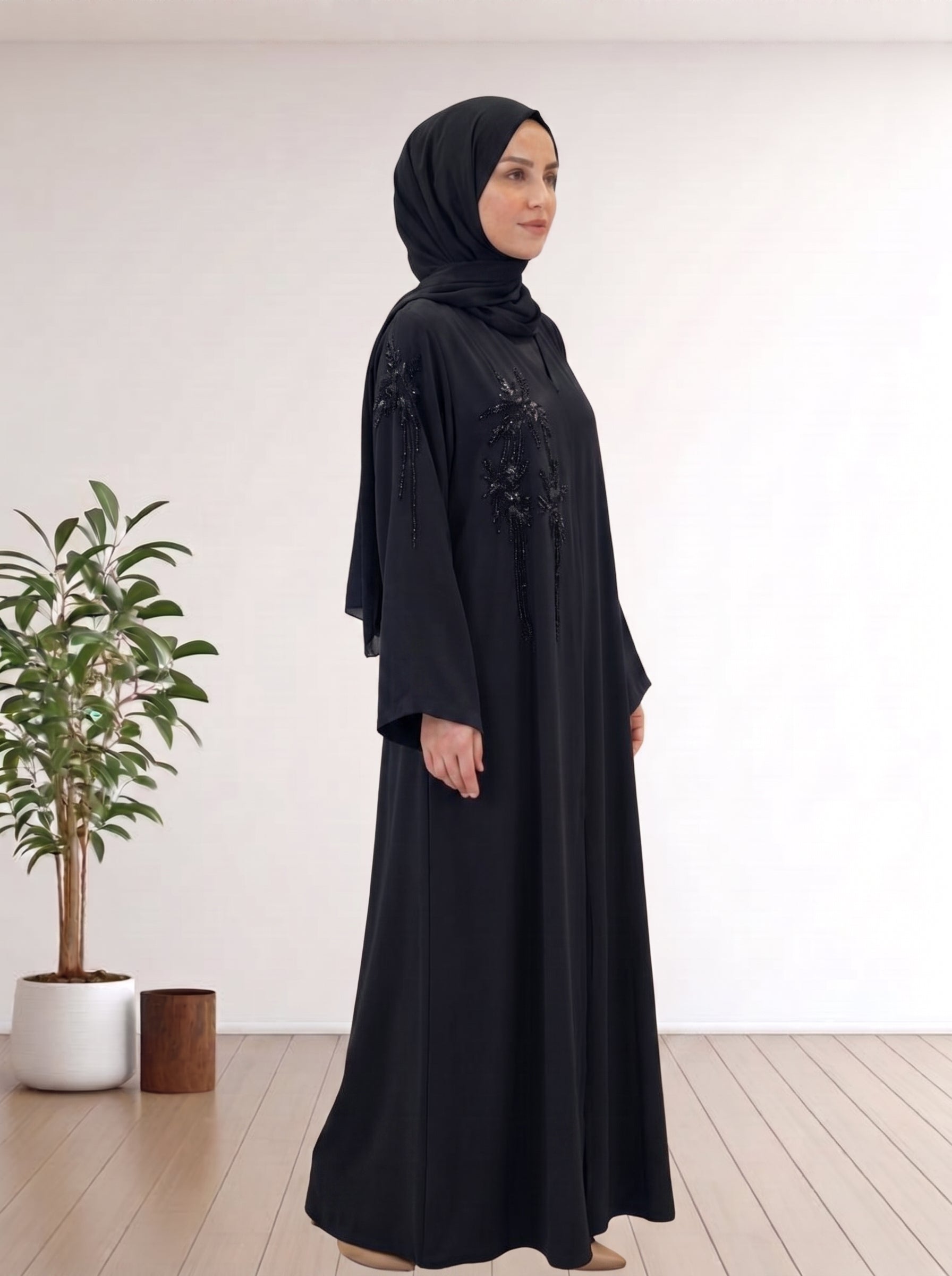 Luxury Black Abaya - 100% Korean Nida with Handcrafted Details