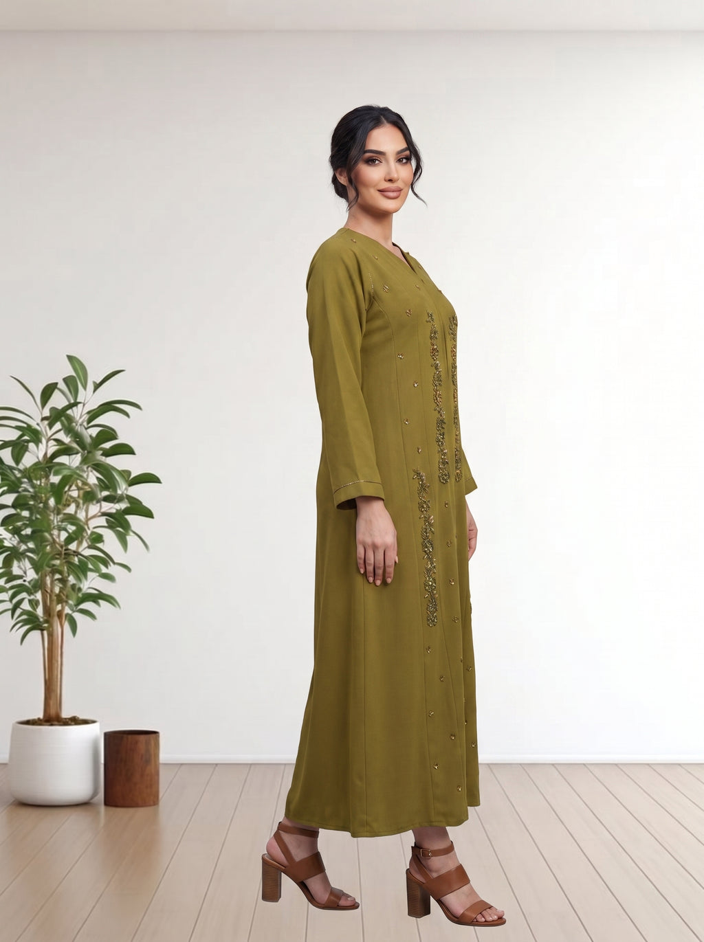 Premium olive Green Abaya with Vertical Beadwork Febric Ila Crape