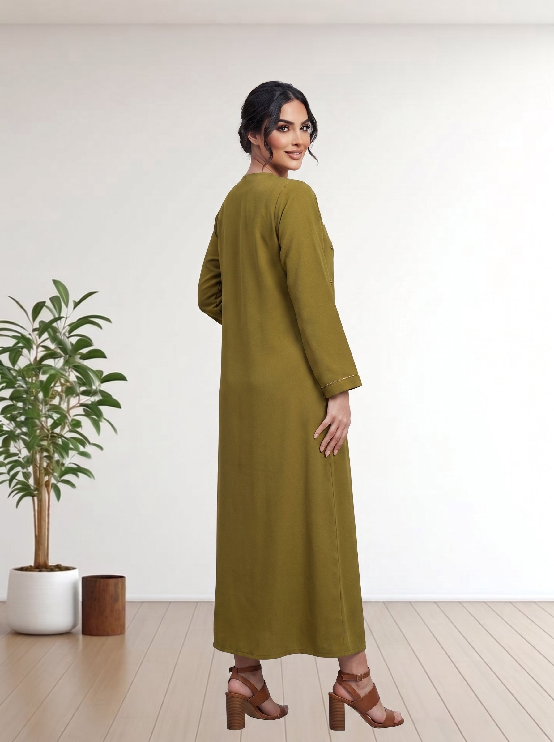 Premium olive Green Abaya with Vertical Beadwork Febric Ila Crape