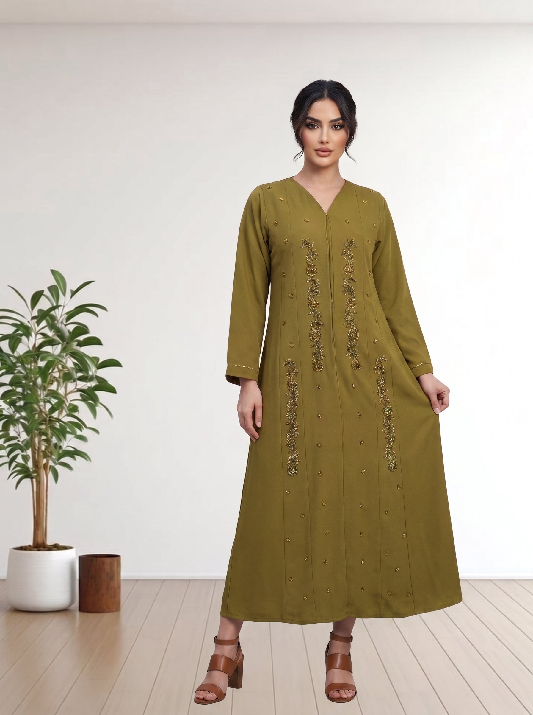 Premium olive Green Abaya with Vertical Beadwork Febric Ila Crape