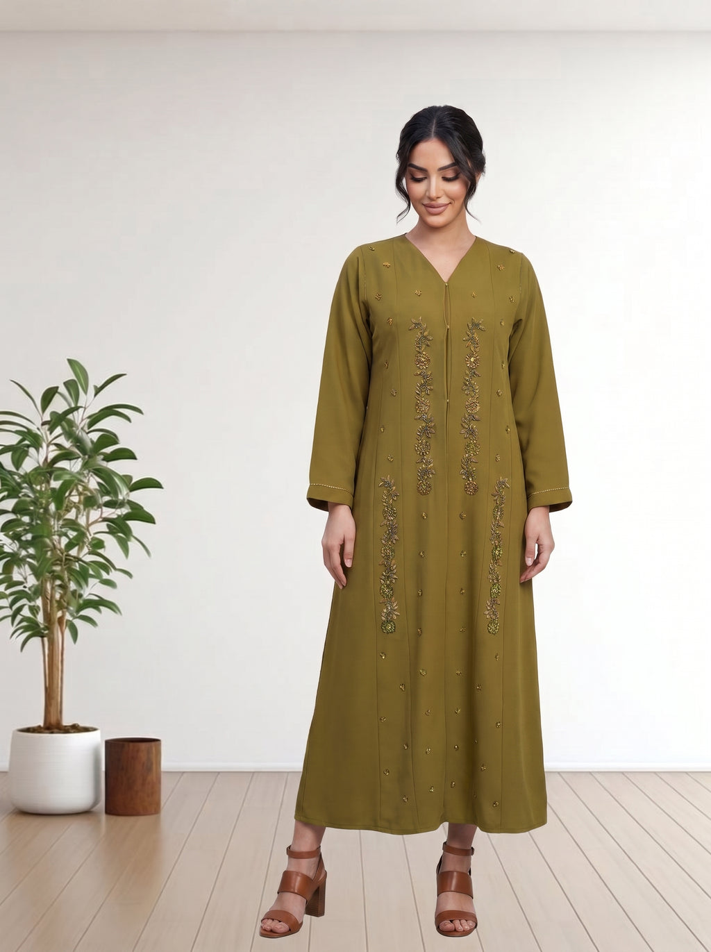 Premium olive Green Abaya with Vertical Beadwork Febric Ila Crape
