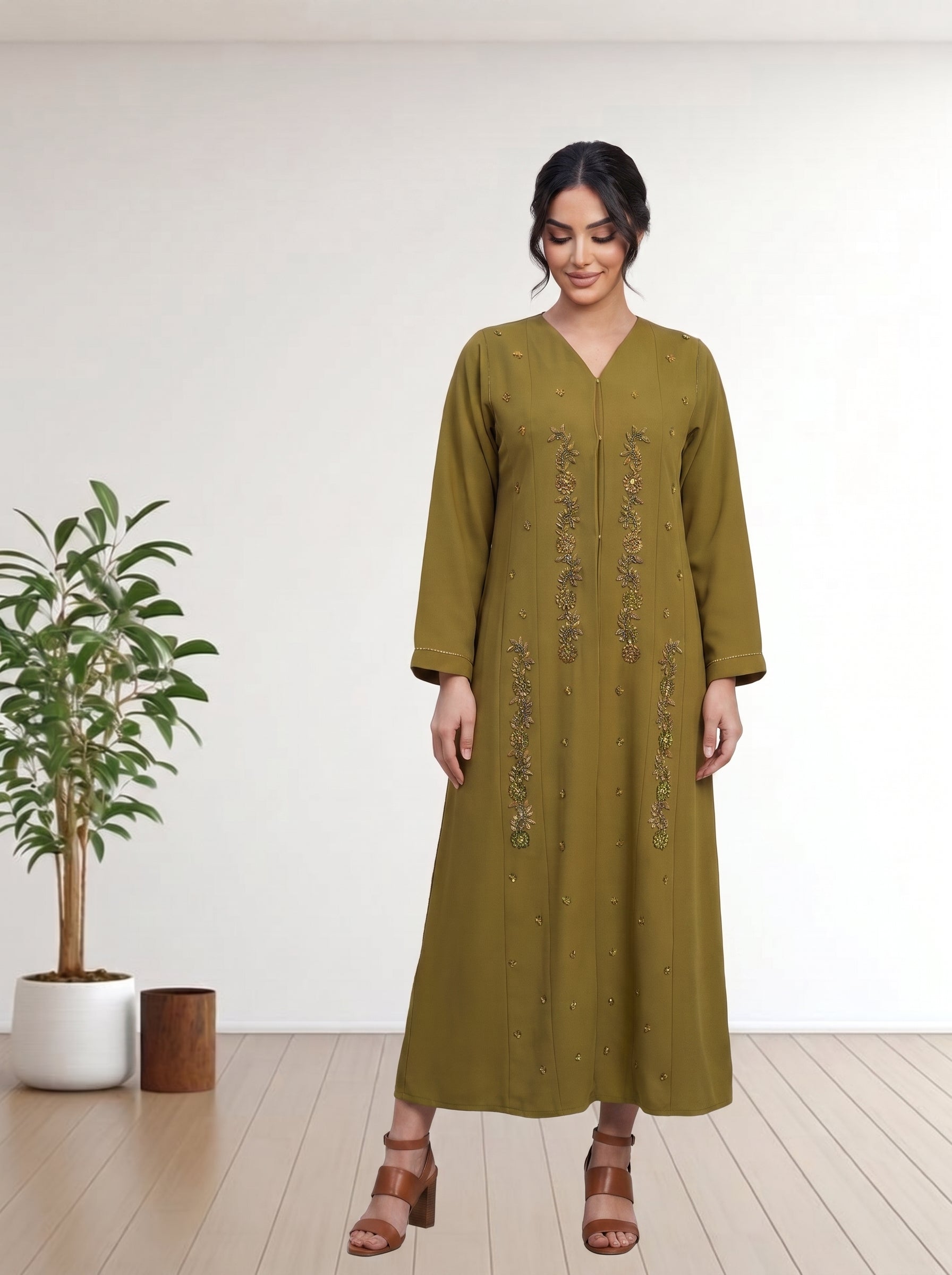 Premium olive Green Abaya with Vertical Beadwork Febric Ila Crape