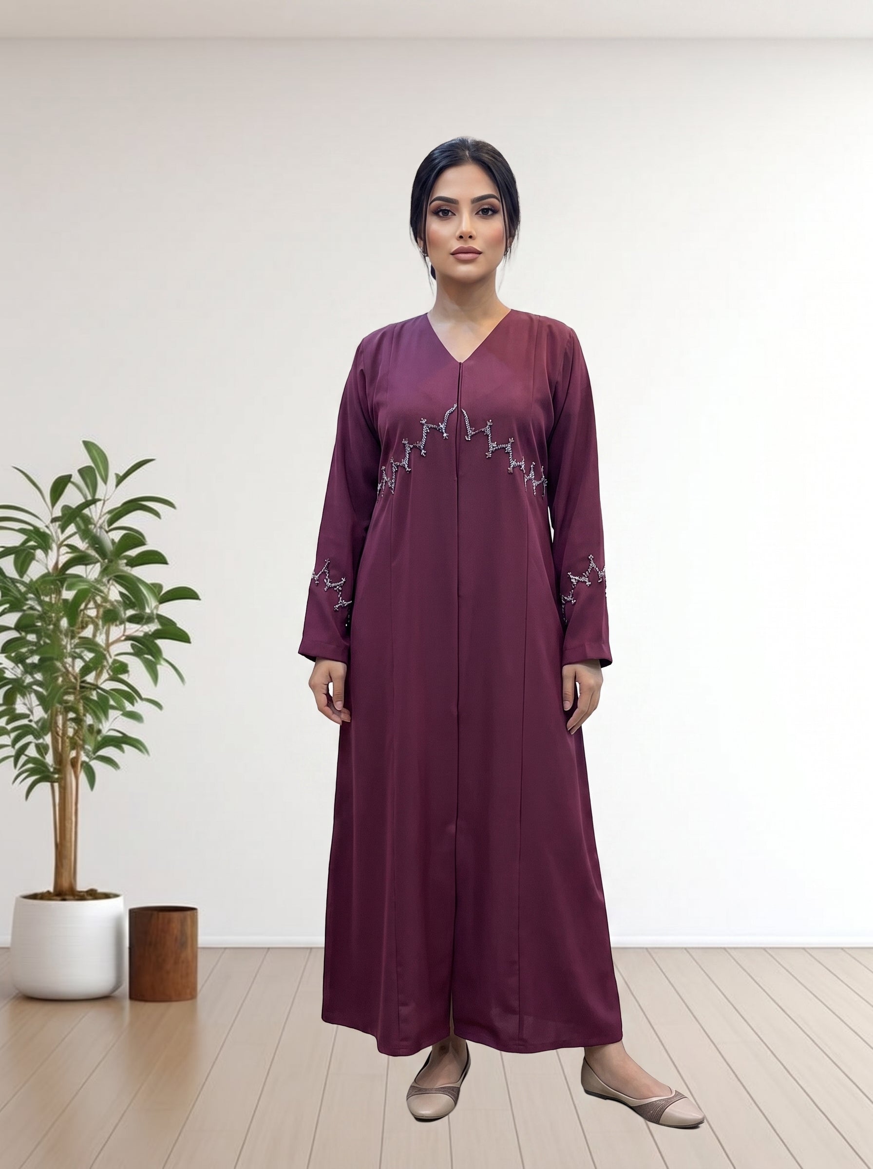 Premium red maron nida febric V-Neck Abaya with Beaded Accents