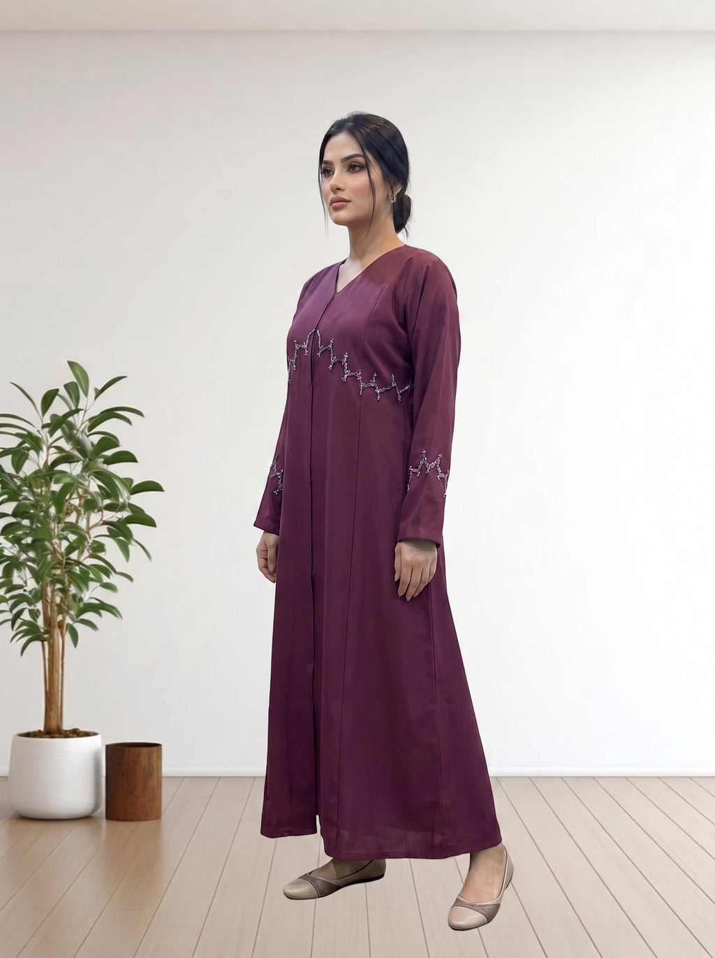 Premium red maron nida febric V-Neck Abaya with Beaded Accents