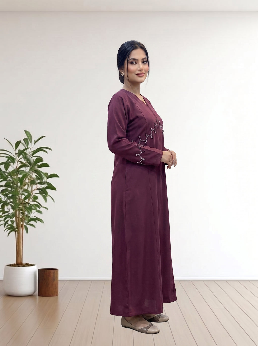 Premium red maron nida febric V-Neck Abaya with Beaded Accents
