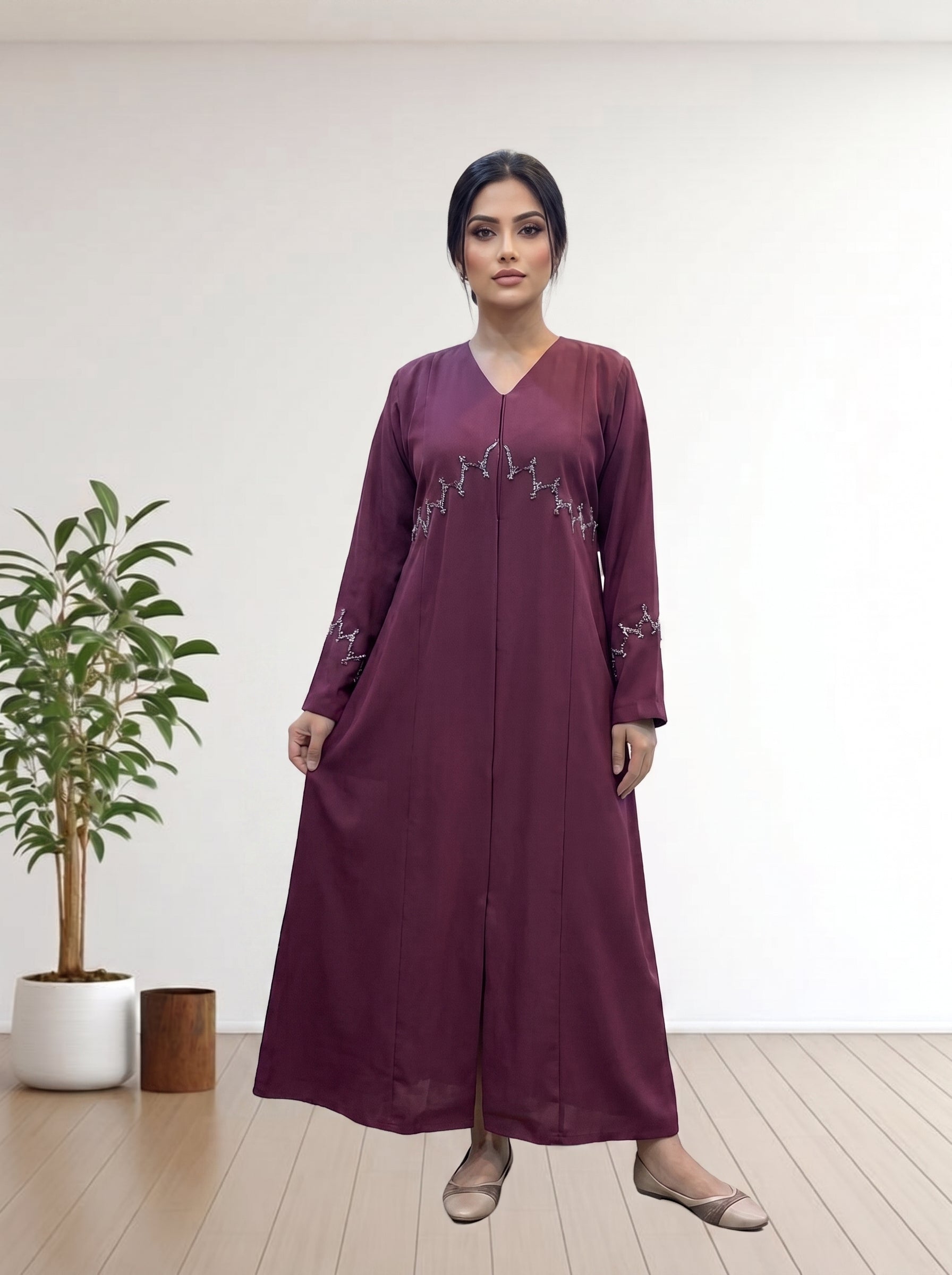 Premium red maron nida febric V-Neck Abaya with Beaded Accents